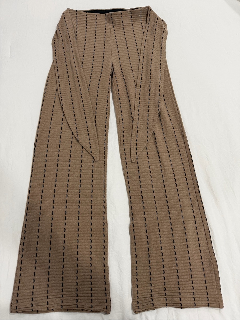 Zara Tan Ribbed Wide-Leg Knit Pants with Black Stitching